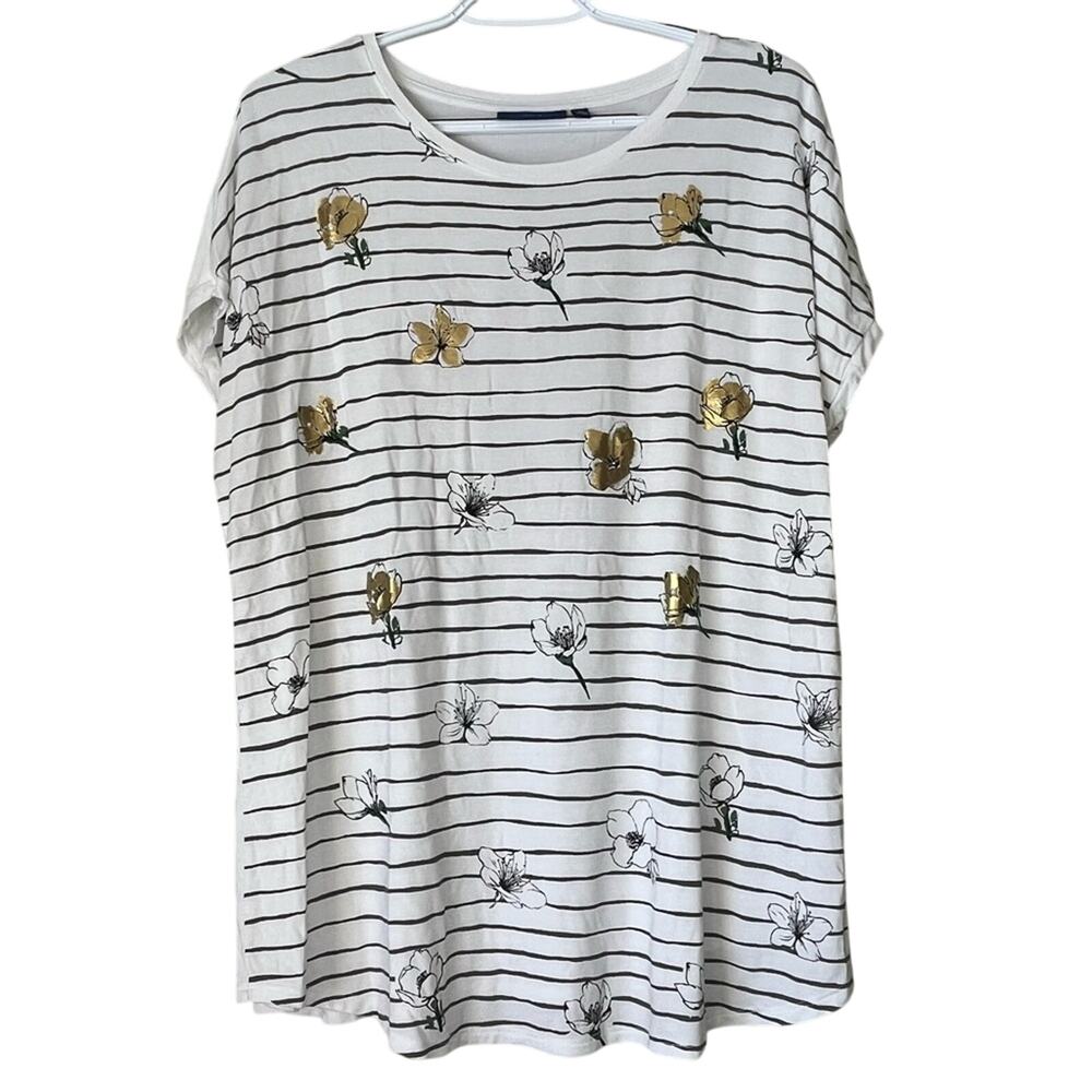 Apt 9 White with Gray Stripes Floral Short Sleeve Tee Size XL